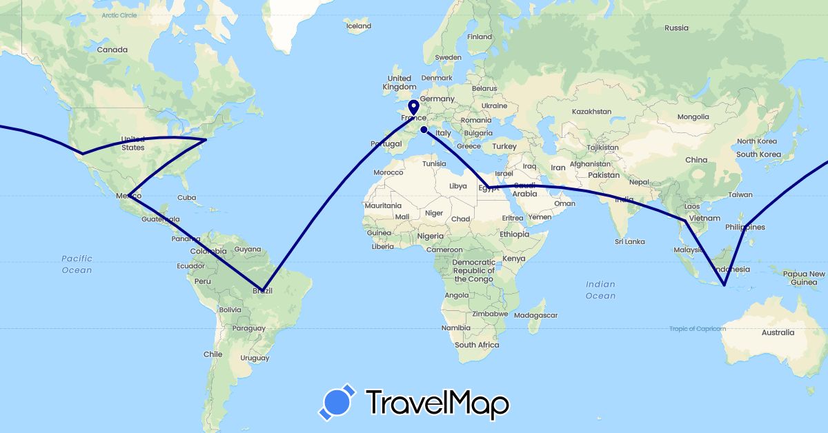 TravelMap itinerary: driving in Brazil, Egypt, France, Indonesia, Philippines, Thailand, United States (Africa, Asia, Europe, North America, South America)
