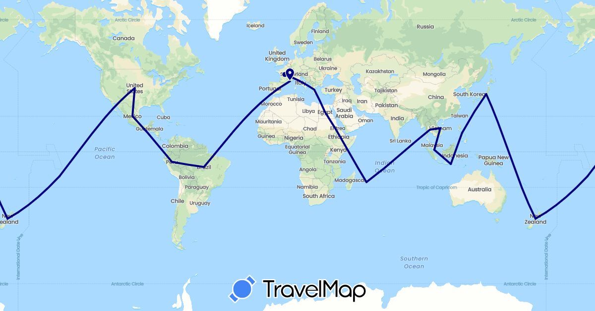 TravelMap itinerary: driving in Egypt, France, Greece, Indonesia, Japan, Mauritius, New Zealand, Philippines, Singapore, Thailand (Africa, Asia, Europe, Oceania)